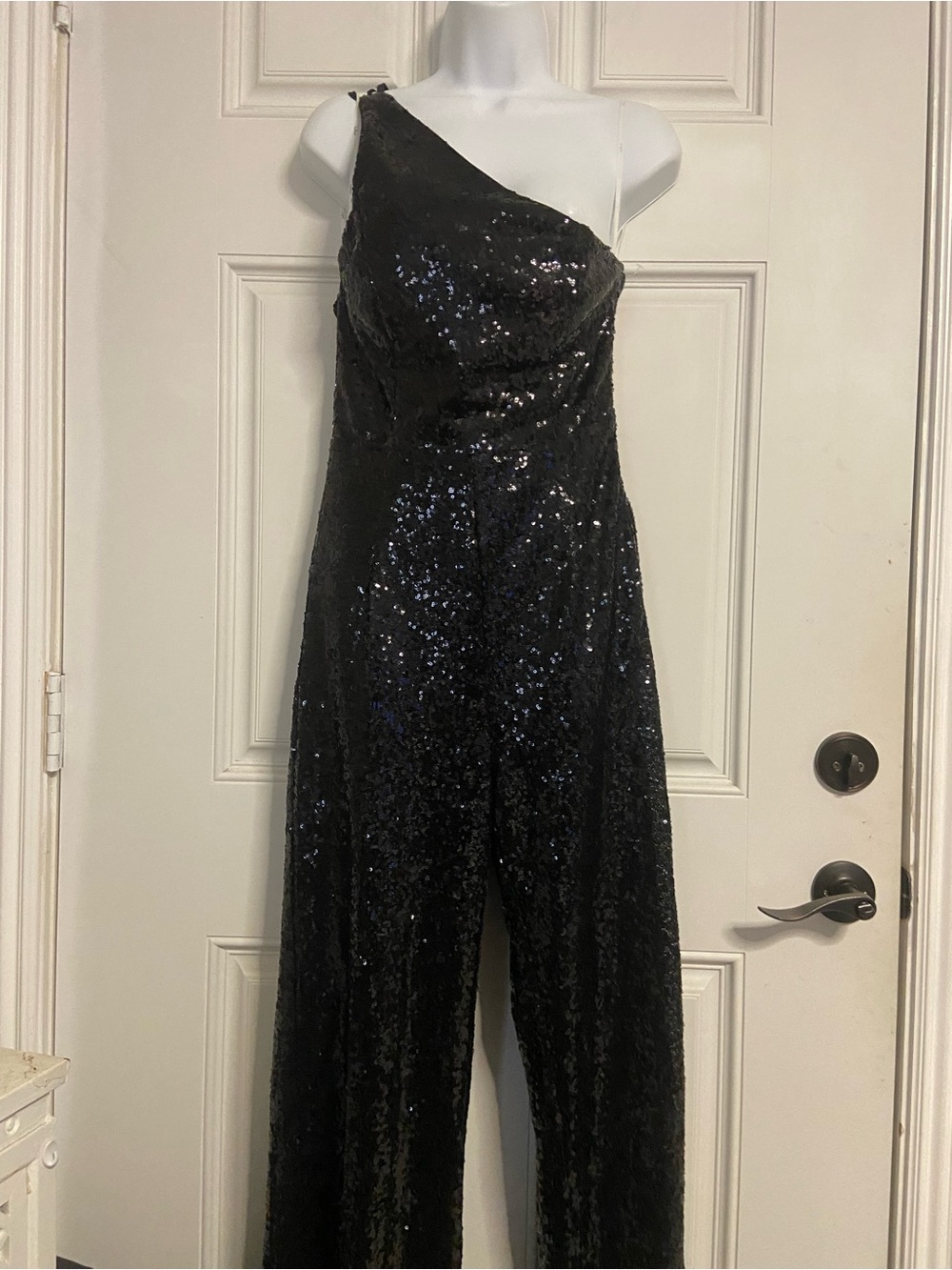 LULUS Black HOLIDAY PARTY DISCO Sequined One-Shoulder Jumpsuit